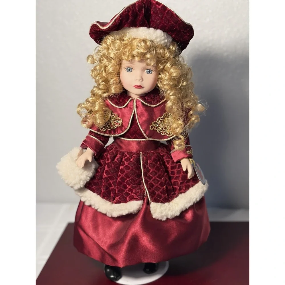 Victorian Rose Collection Porcelain Doll- Blonde Curls - Burgundy Velvet Dress